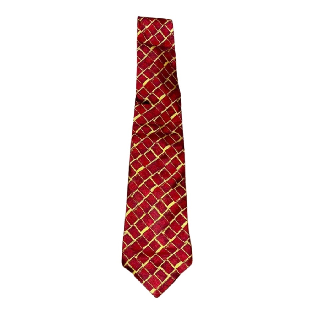Mens Desantis Italian Silk tie dark red and gold geometric design square diamond